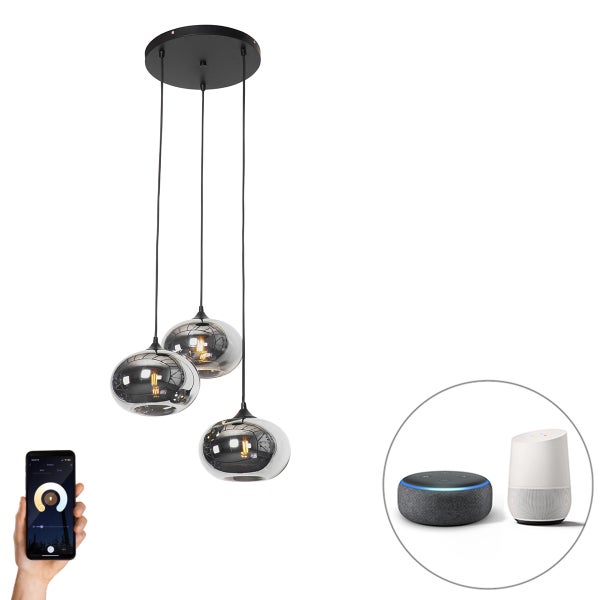 Smarte Hängelampe schwarz mit Rauchglas inkl. 3 WiFi P45 - Busa