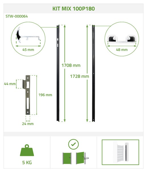Infografik für Tor-Profil-Set Kit Mix 100P180 mit Maßen von 1708 Millimeter Höhe, 5 Kilogramm Gewicht und Montagedetails für Torpfosten.