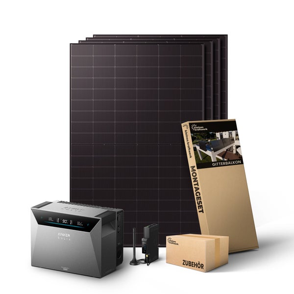 Balkonkraftwerk Set inklusive Solarmodule, Anker Solix Speicher, Wechselrichter, Montageset für Gitterbalkone und Zubehör.