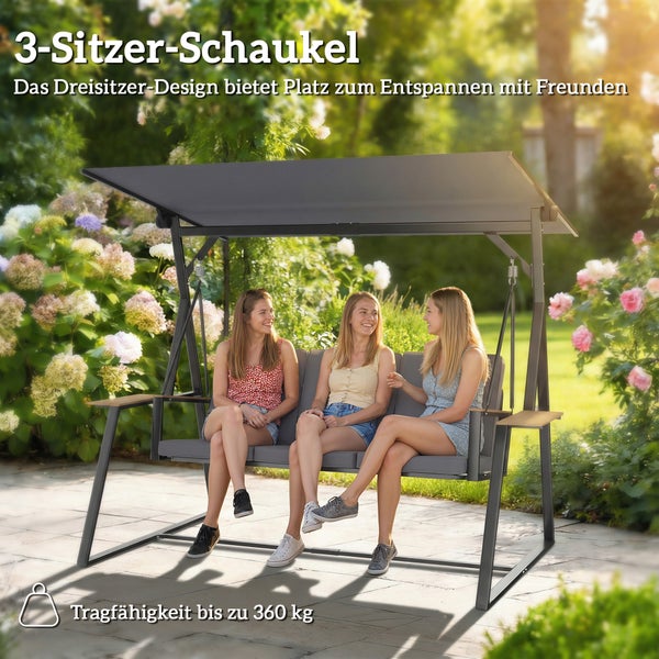 Dreisitzer-Gartenschaukel mit Sonnendach und Ablagetischen, Tragfähigkeit bis zu 360 Kilogramm, in einer hellen Gartenumgebung.
