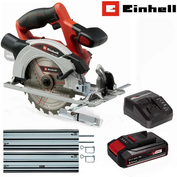 Einhell Akku Handkreissäge mit Führungsschiene, Akku und Ladegerät für präzise Holzschnitte.