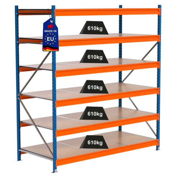 Schwerlastregal mit fünf Ebenen und einer Traglast von 610 Kilogramm pro Ebene, Hergestellt in der EU Kennzeichen