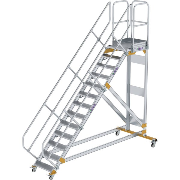 Fahrtreppe aus Aluminium mit Plattform, beidseitigem Handgeländer und Rollen.