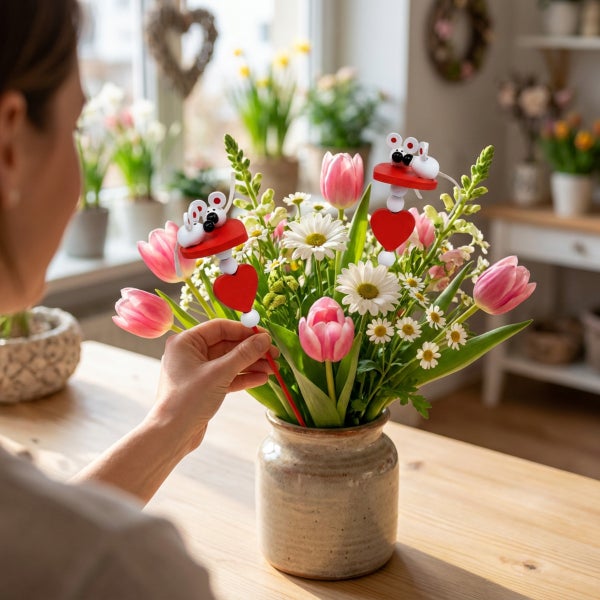Person dekoriert Blumenstrauß aus Tulpen und Margeriten in einer Steinvase mit herzförmigen Steckern in einer hellen Wohnumgebung.