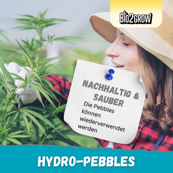 Frau mit Hut und Gartenhandschuhen, daneben eine Pflanze und ein Zettel mit dem Hinweis: Nachhaltig und sauber. Die Pebbles können wiederverwendet werden. Bio2Grow Logo.