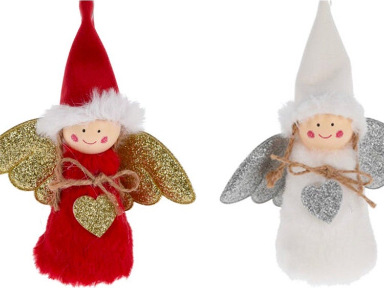 Zwei hängende Weihnachtsengel Dekofiguren mit spitzen Mützen und Glitzerflügeln als Weihnachtsbaumschmuck.