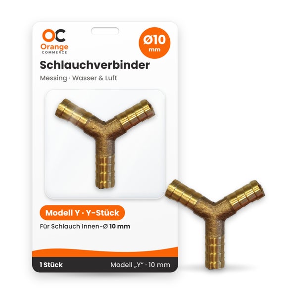 Y-Schlauchverbinder aus Messing mit 10 Millimeter Durchmesser für Wasser und Luft in Verkaufsverpackung