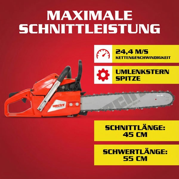 Maximale Schnittleistung Motorsäge mit Kettengeschwindigkeit, Umlenkstern Spitze, Schnittlänge und Schwertlänge.