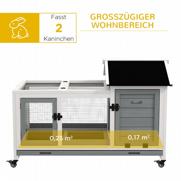 PawHut Zwergkaninchenstall aus Holz, 108 x 58 x 73,5 cm Kleintierstall mit Freilaufgehege, Rädern, Klappdach, Zwergkaninchenkäfig mit Ausziehbarem Tablett für Indoor, Outdoor, Grau