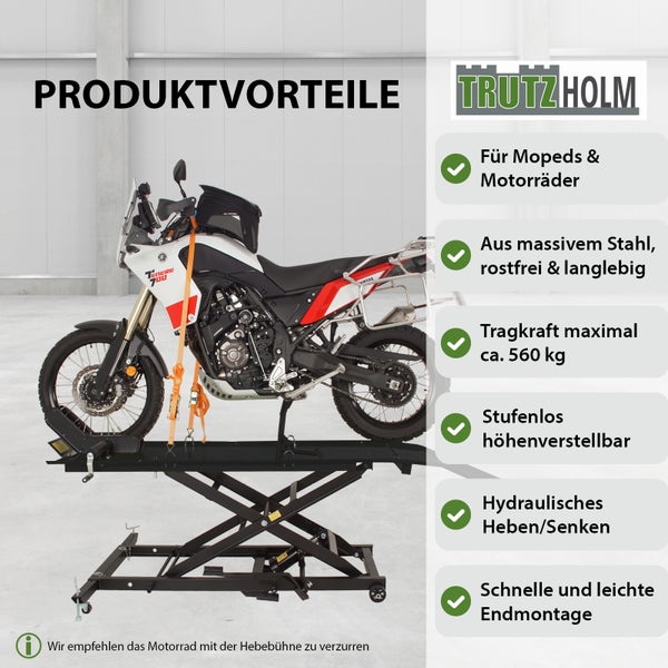Motorrad auf einer hydraulischen Hebebühne von TrutzHolm mit Produktvorteilen.