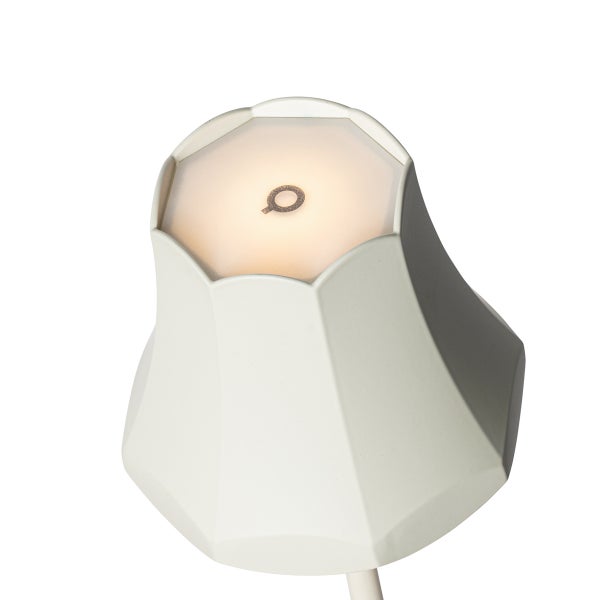 Weiße Lampe mit Touch-Bedienung auf der Oberseite und Power-Symbol.