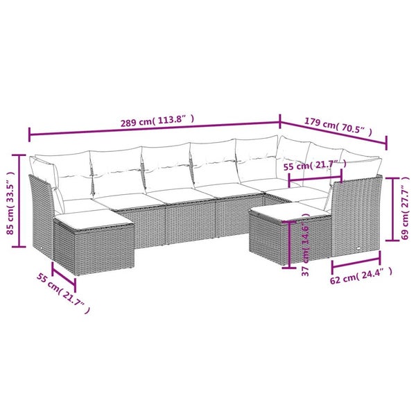 9-tlg. Garten-Sofagarnitur mit Kissen Braun Poly Rattan
