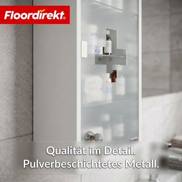 Arzneischrank aus pulverbeschichtetem Metall mit Glastür, Sicherheitsschloss und Kreuz-Ausschnitt. Floordirekt Logo.