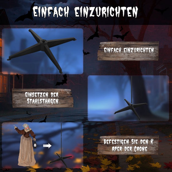 Anleitung zum Aufbau einer Halloween-Dekofigur mit Fußkreuz und Stangen