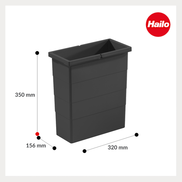 Hailo Abfalleimer-Einsatz, Höhe 350 Millimeter, Breite 320 Millimeter, Tiefe 156 Millimeter. Hailo Logo.
