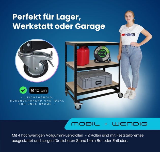 Mobiler und wendiger Werkstattwagen von Proregal mit drei Ebenen und 10 Zentimeter großen Lenkrollen. Ideal für Lager und Werkstatt. Proregal Logo.