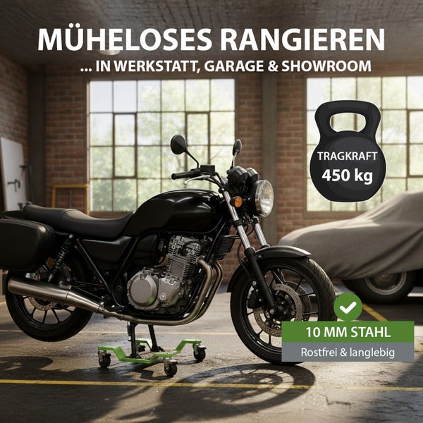 Schwarzes Motorrad auf einer Motorrad Rangierhilfe in einer Werkstatt, Tragkraft 450 Kilogramm, 10 Millimeter Stahl, rostfrei und langlebig