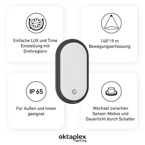Außenlampe mit Bewegungsmelder warmweiß 3000K Ovalleuchte anthrazit IP65 LED Wandleuchte
