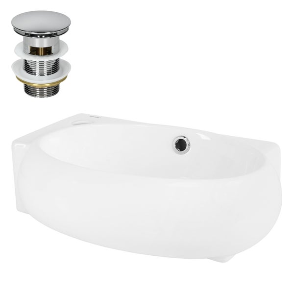 ML-Design Waschbecken aus Keramik Weiß, 43x28x15 cm, Oval, klein, Hahnloch links, inkl. Ablaufgarnitur Silber, Wandmontage/Aufsatzwaschbecken, Moderne Waschtisch Waschschale Waschplatz Handwaschbecken