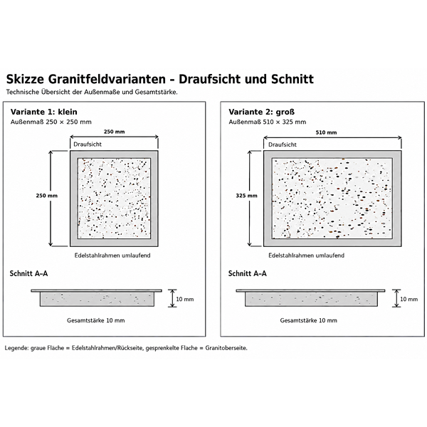 Technische Skizze mit Maßen für zwei Granitfeldvarianten mit Edelstahlrahmen und 10 Millimeter Stärke in der Draufsicht und im Schnitt.