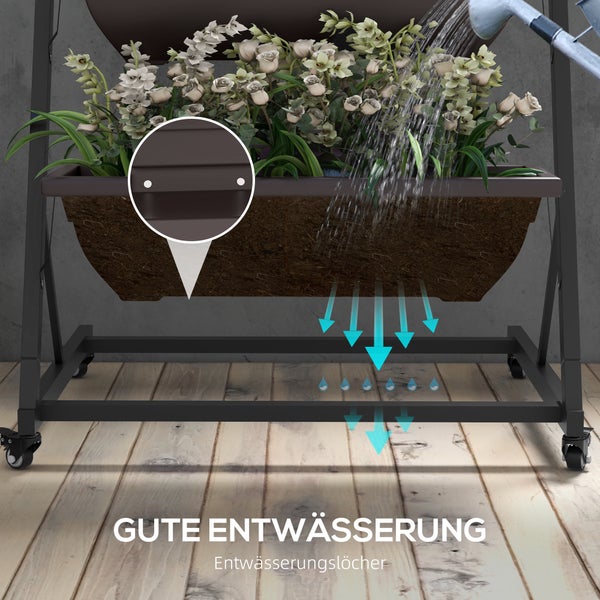 Mobiles vertikales Pflanzregal aus Metall mit Blumen auf einem Holzboden, Darstellung der Entwässerung durch Ablauflöcher in den Pflanzkästen.