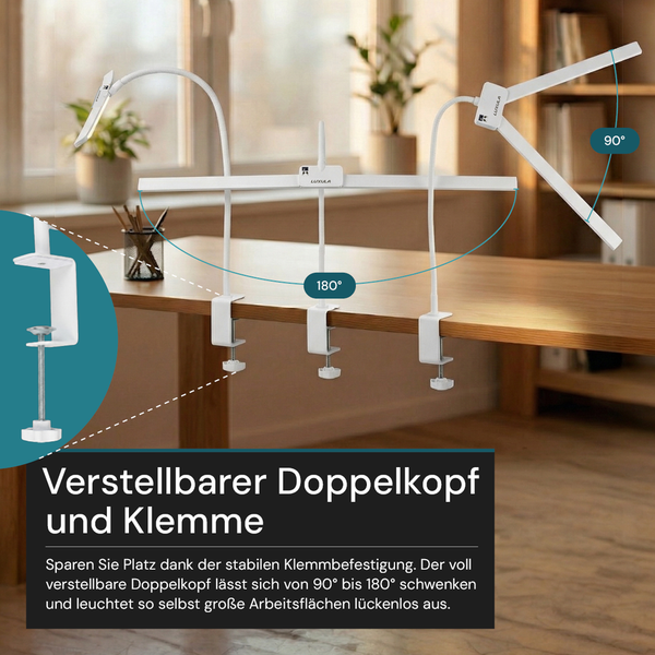 Verstellbare Schreibtischlampe mit Doppelkopf und Klemmbefestigung, 180 Grad schwenkbar, Lampenköpfe 90 Grad verstellbar.
