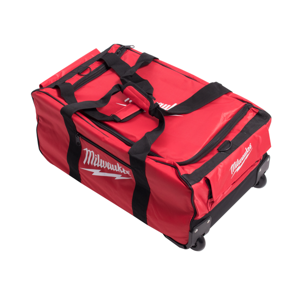 Milwaukee Werkzeugtasche mit Rollen, Tragegriffen und Reißverschlüssen aus strapazierfähigem Textilgewebe.