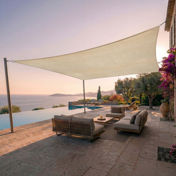 Großes sandfarbenes Sonnensegel über einer Terrasse mit modernen Loungemöbeln und einem Infinity-Pool mit Meerblick.