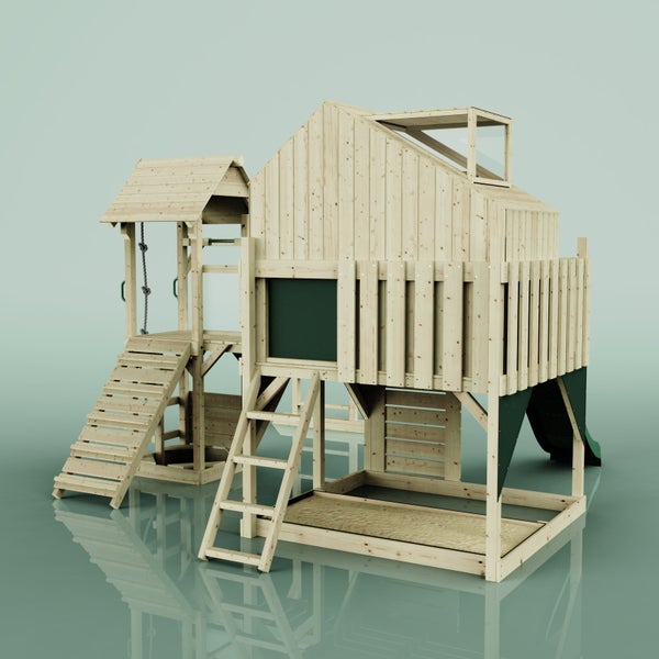 Holzspielhaus mit Rutsche, Leiter, Schaukel und Sandkasten für den Garten