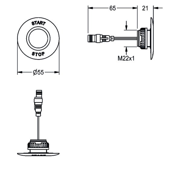 Technische Zeichnung eines Start Stop Tasters mit Abmessungen: Durchmesser 55 Millimeter, Gewinde M22 mal 1, Tiefe 21 Millimeter, Länge 65 Millimeter.