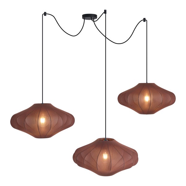 Dreiflammige Pendelleuchte mit braunen Stoffschirmen in Spinnen-Optik und schwarzer Aufhängung.