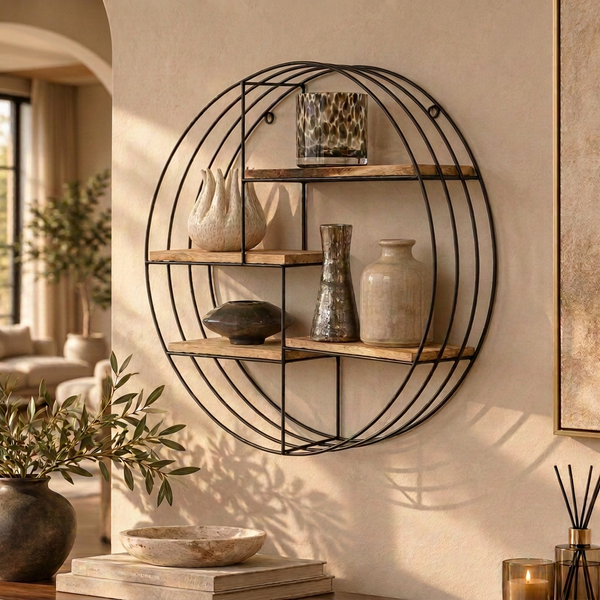 Rundes Wandregal aus Metall mit drei Holzböden zur dekorativen Aufbewahrung von Wohnaccessoires in modernem Design.