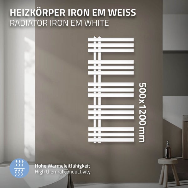 LuxeBath Design Badheizkörper Iron EM 500 x 1200 mm, Weiß, Designheizkörper Paneelheizkörper Flachheizkörper Heizkörper Handtuchwärmer Handtuchtrockner Bad/Wohnraum Heizung, inkl. Montage-Set