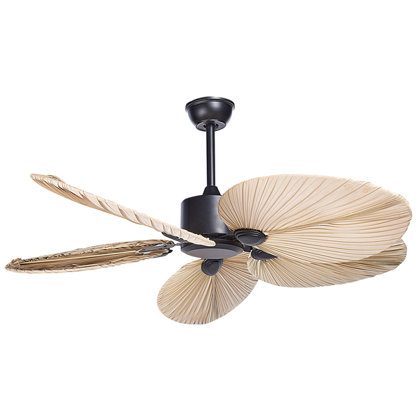 Deckenventilator mit fünf gewebten Flügeln in Palmenblatt-Optik und dunklem Metallgehäuse.