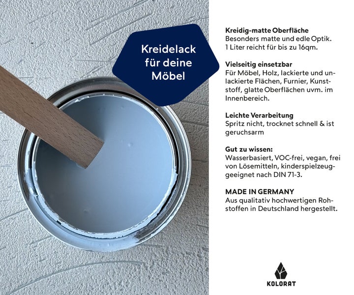 Kolorat Kreidefarbe für Möbel - ein softes, kühles Grau mit einem feinen Silberschimmer - Farbton Kieselklang Nr. 114. Matter Kreidelack für innen - Möbellack, Möbelfarbe - Holzfarbe - Kreidefarbe für Holz