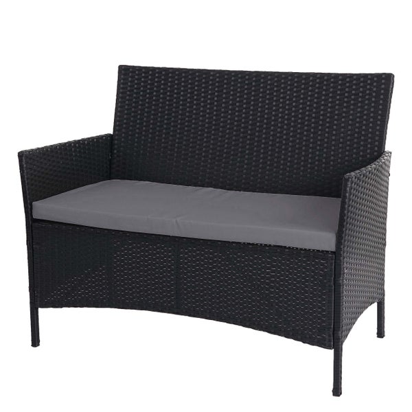 Zweisitzer-Gartenbank aus schwarzem Polyrattan inklusive grauem Sitzkissen.