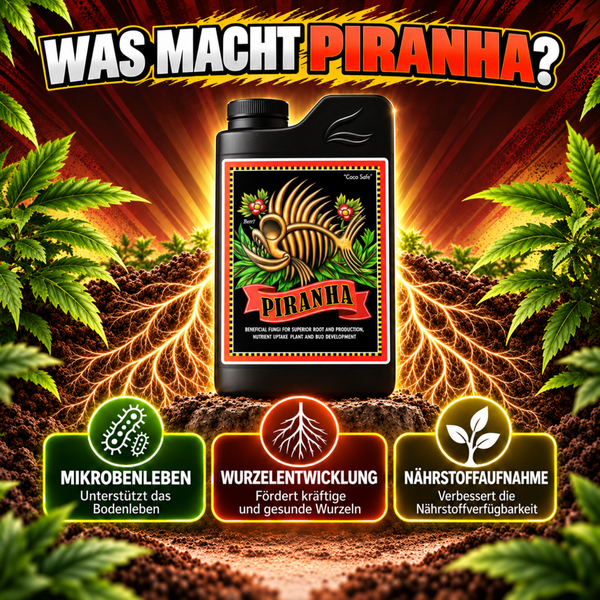 Flasche Piranha Nutriens mit nützlichen Pilzen zur Unterstützung des Mikrobenlebens, der Wurzelentwicklung und der Nährstoffaufnahme von Pflanzen.