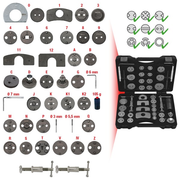 Bremsenrückstellwerkzeug Set mit verschiedenen Adaptern und Zubehör in einem schwarzen Kunststoffkoffer