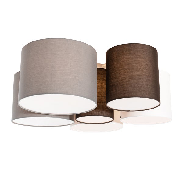 Moderne Deckenleuchte mit fünf zylindrischen Textilschirmen in verschiedenen Größen und Farben.