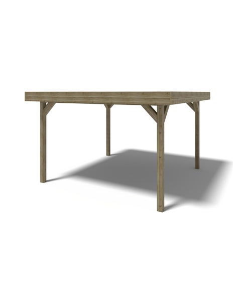 Einzelcarport aus Holz mit Flachdach und vier Pfosten.