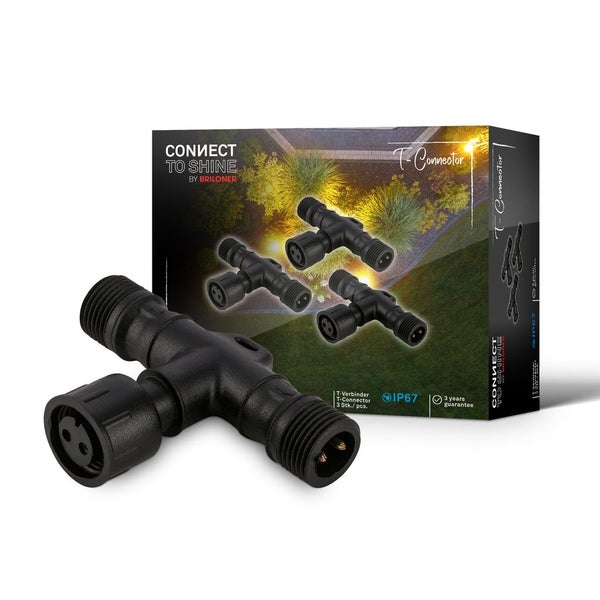 Set mit 3 T-Verbindern für das Gartenbeleuchtungssystem Connect To Shine, IP67 wasserfest, Kunststoff schwarz.