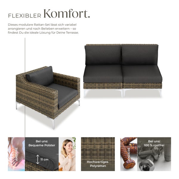 Modulares Rattanset tectake Villanova kein Aufbau 2 Mittelteile und Sessel mit Aluminiumgestell anthrazit-meliert