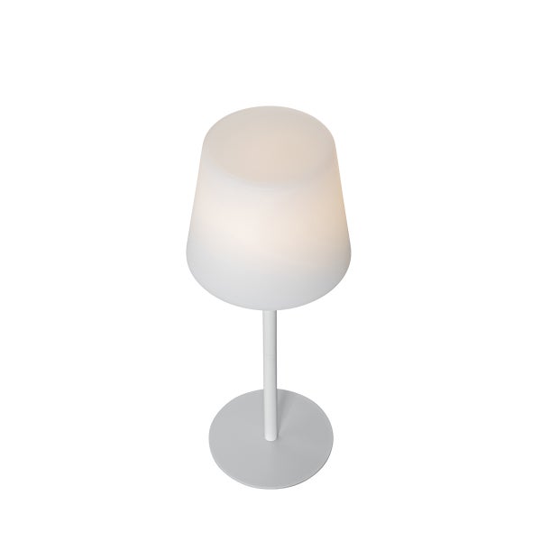 Weiße LED-Tischleuchte für den Außenbereich mit rundem Standfuß und lichtdurchlässigem Schirm.