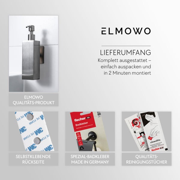 ELMOWO Seifenspender zur Wandmontage mit Fischer Badkleber und Reinigungstüchern für einfache Anbringung ohne Bohren.