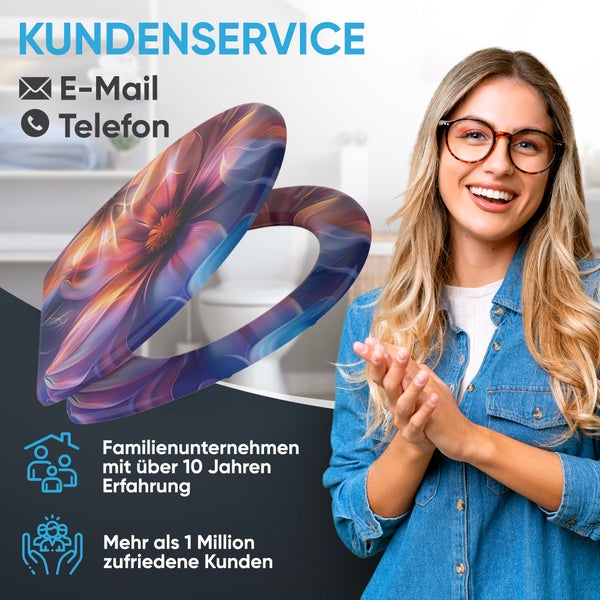 Kundenserviceinformationen mit E-Mail-, Telefon- und Unternehmenskennzeichnungen sowie einem Toilettensitz
