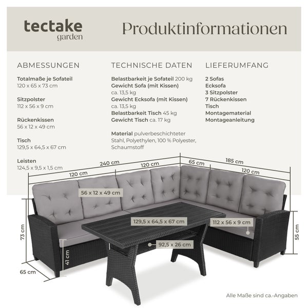 Rattan Lounge tectake Catania Tisch mit Schraubfüßen für 6 Personen schwarz