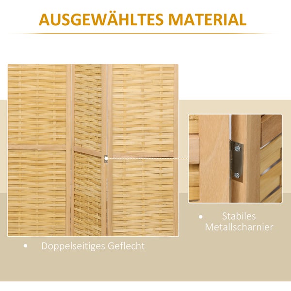 Detailansicht eines Raumteilers mit beidseitigem Geflecht und stabilen Metallscharnieren