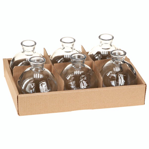 Set mit sechs runden Glasvasen in einer Kartonverpackung.