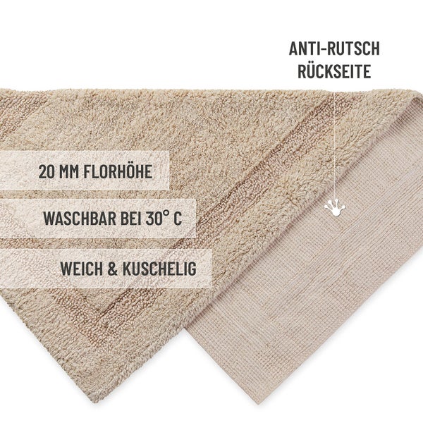Badematte mit 20 Millimeter Florhöhe, waschbar bei 30 Grad, weiches Material und rutschhemmende Rückseite.