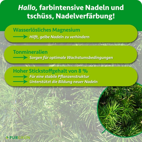 Produktinformation für Purgrün Nadelbaum Dünger mit Magnesium, Tonmineralien und Stickstoff für gesundes Nadelwachstum.